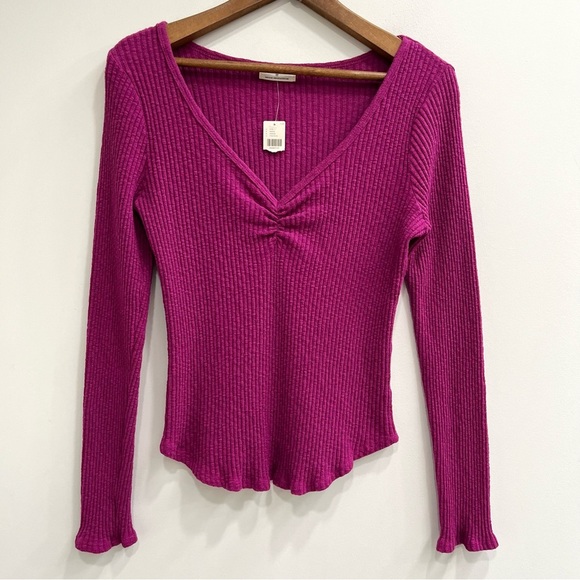 Y2K Anthropologie T.La Cinched V-Neck Top Magenta Pink Textured Ribbed Knit M - Picture 1 of 10